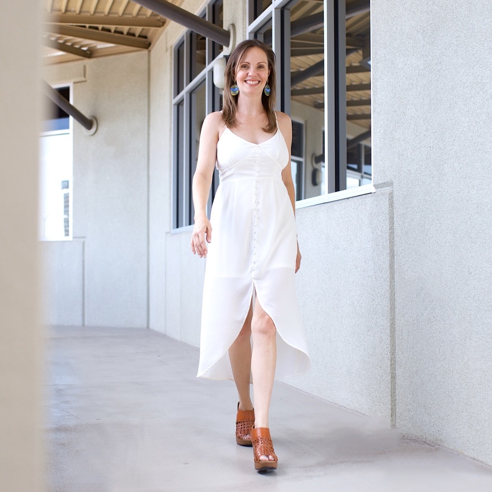 Peach Love White Button Front High Low Dress